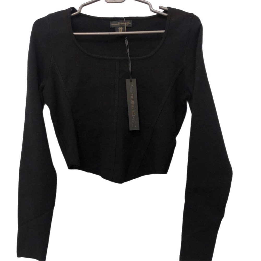 HOUSE OF HARLOW 1960 Black Scoop Neck Long Sleeve Crop Corset Top NWT